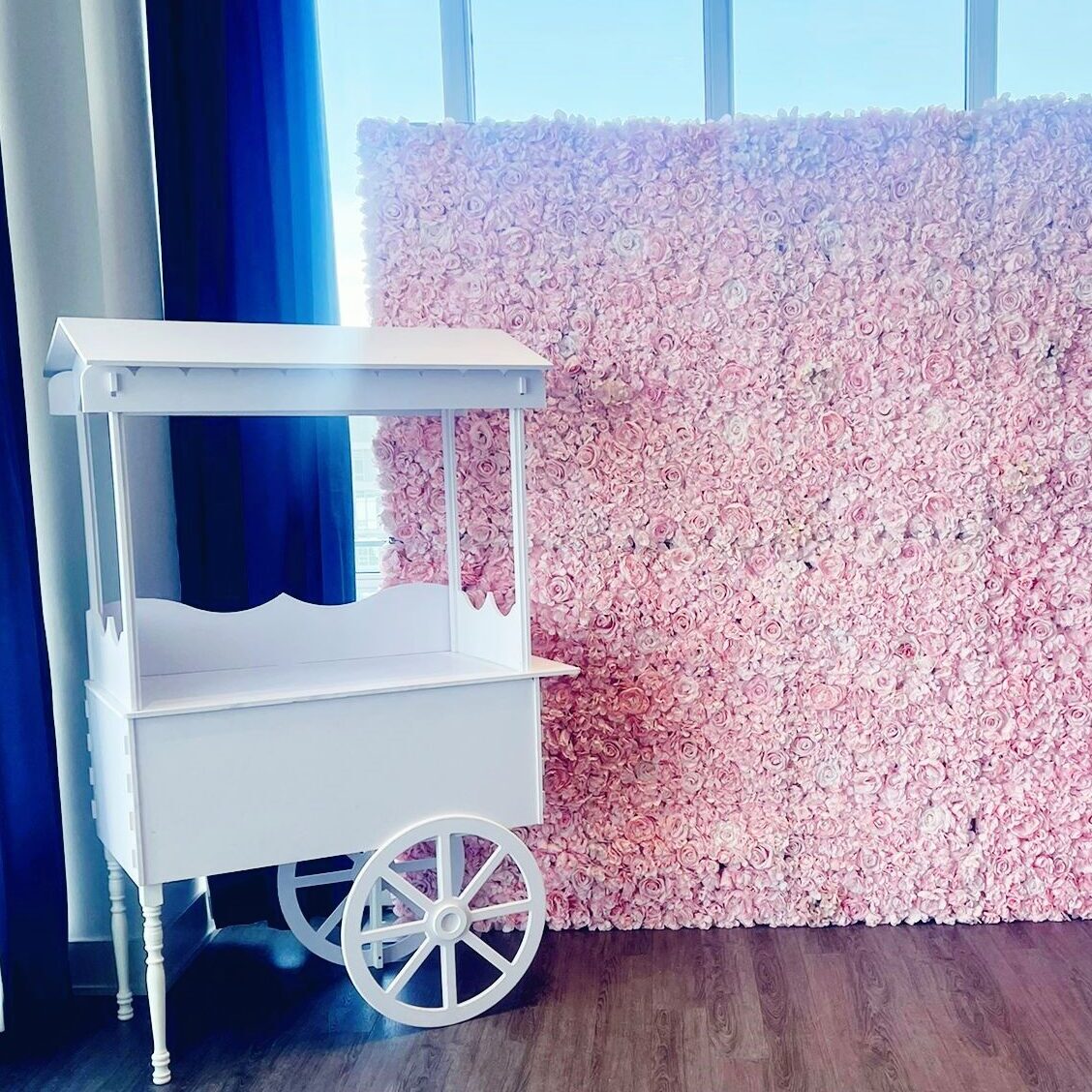 Candy Cart Rental with Pink Roses Flower Wall Mississauga